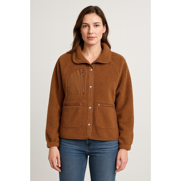 Fashion Jackets & Blazers - Fashion Sherpa Fleece Jacket Women Brown Polyester Medium Zip Pockets Snap Comfy